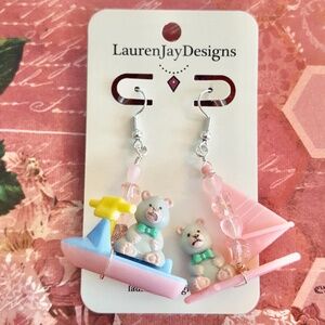 Teddy's Wonderland Jet Ski and Windsurfer Pink Heart Beaded Dangle Earrings